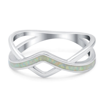 Criss Cross V Shape Ring Band Lab Created White Opal 925 Sterling Silver (6mm)